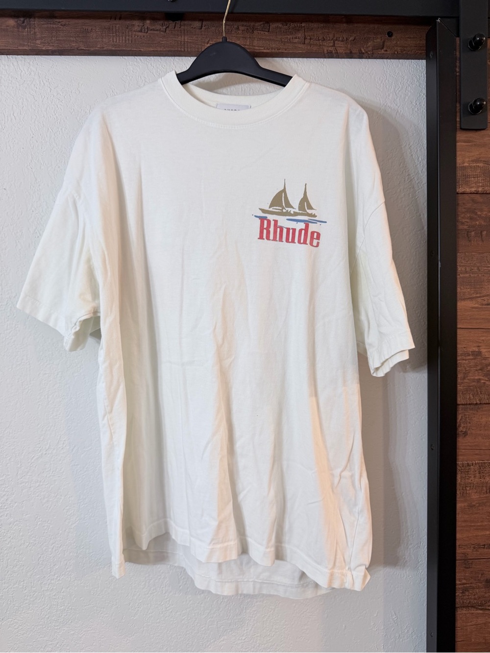 Rhude Cream Short-Sleeve Logo Tee with Sailboat Graphic